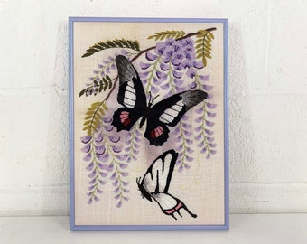 Vintage Punch Needle Butterfly Framed Wall Art Butterflies Frame Purple Needlepoint Embroidery Tufted Craft Nursery Kids Room 1970s 1980s