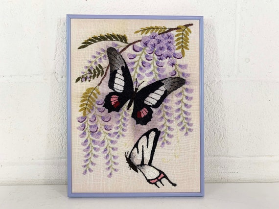 Vintage Punch Needle Butterfly Framed Wall Art Butterflies Frame Purple Needlepoint Embroidery Tufted Craft Nursery Kids Room 1970s 1980s