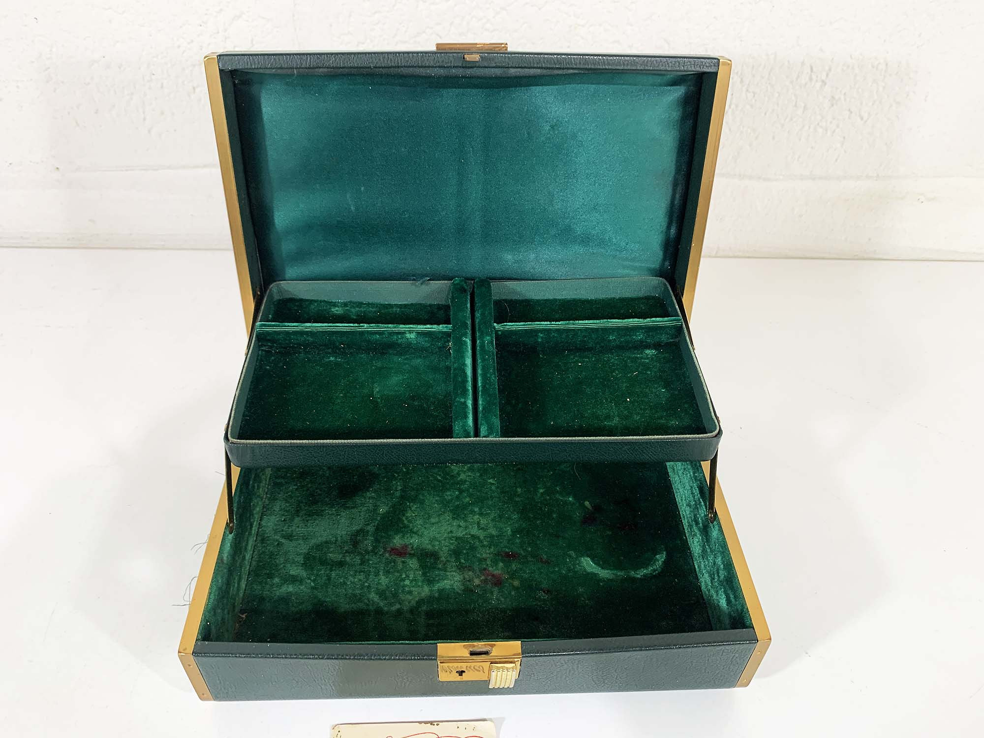 Vintage Green Farrington Jewelry Box Crushed Velvet Forest Gold Floral