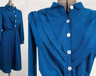 Vintage Deep Teal Blue Dress White Pinstripe Long Sleeve Sleeves Elastic Waist Belt Lagoon Fit and Flare Shirtdress XXL XL 1980s 1970s
