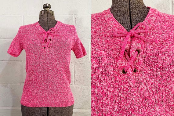 Vintage Sweater Pullover Bright Pink Fuchsia Neon Mod 1970s 70s Tie Neck Short Sleeve Knit Miss Scotch English Small