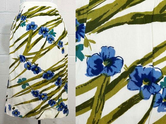 Vintage Floral Pencil Skirt Periwinkle Blue Olive Green White Union Made Flowers 1960s XS