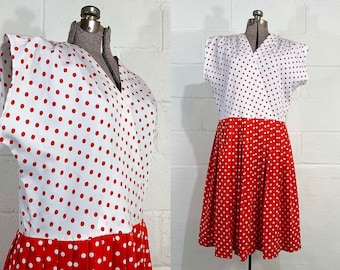 Vintage Red Dress Polka Dot White Print Short Sleeve 80s Edith Flagg Knee Length Pleated Fit Flare 1980s XL