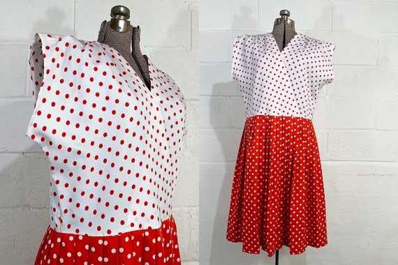 Vintage Red Dress Polka Dot White Print Short Sleeve 80s Edith Flagg Knee Length Pleated Fit Flare 1980s XL