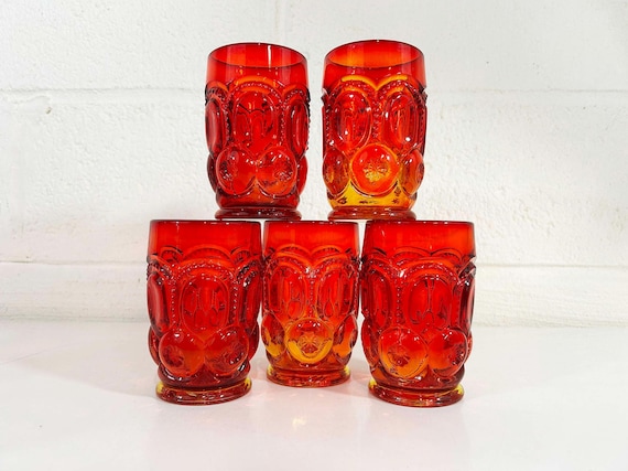 Vintage LE Smith Red Moon & Stars Glasses Set of 6 Kitchen MCM Glassware 1960s Amberina Tumblers