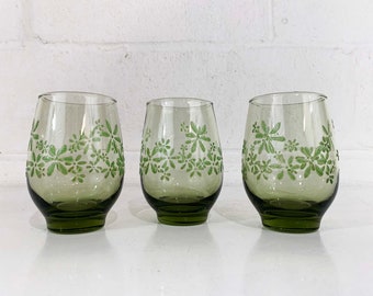 Vintage Libbey Flower Power Glasses Green Set of 3 Floral Daisy Textured Flowers Wine Glass 1960s