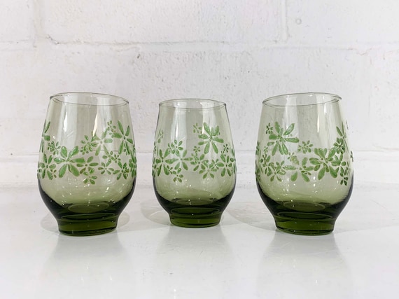 Vintage Libbey Flower Power Glasses Green Set of 3 Floral Daisy Textured Flowers Wine Glass 1960s