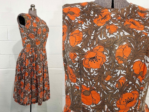 Vintage Sleeveless Fit & Flare Dress Art Nouveau Brown Orange Poppy Poppies Cotton Pleated Skirt 1950s Medium