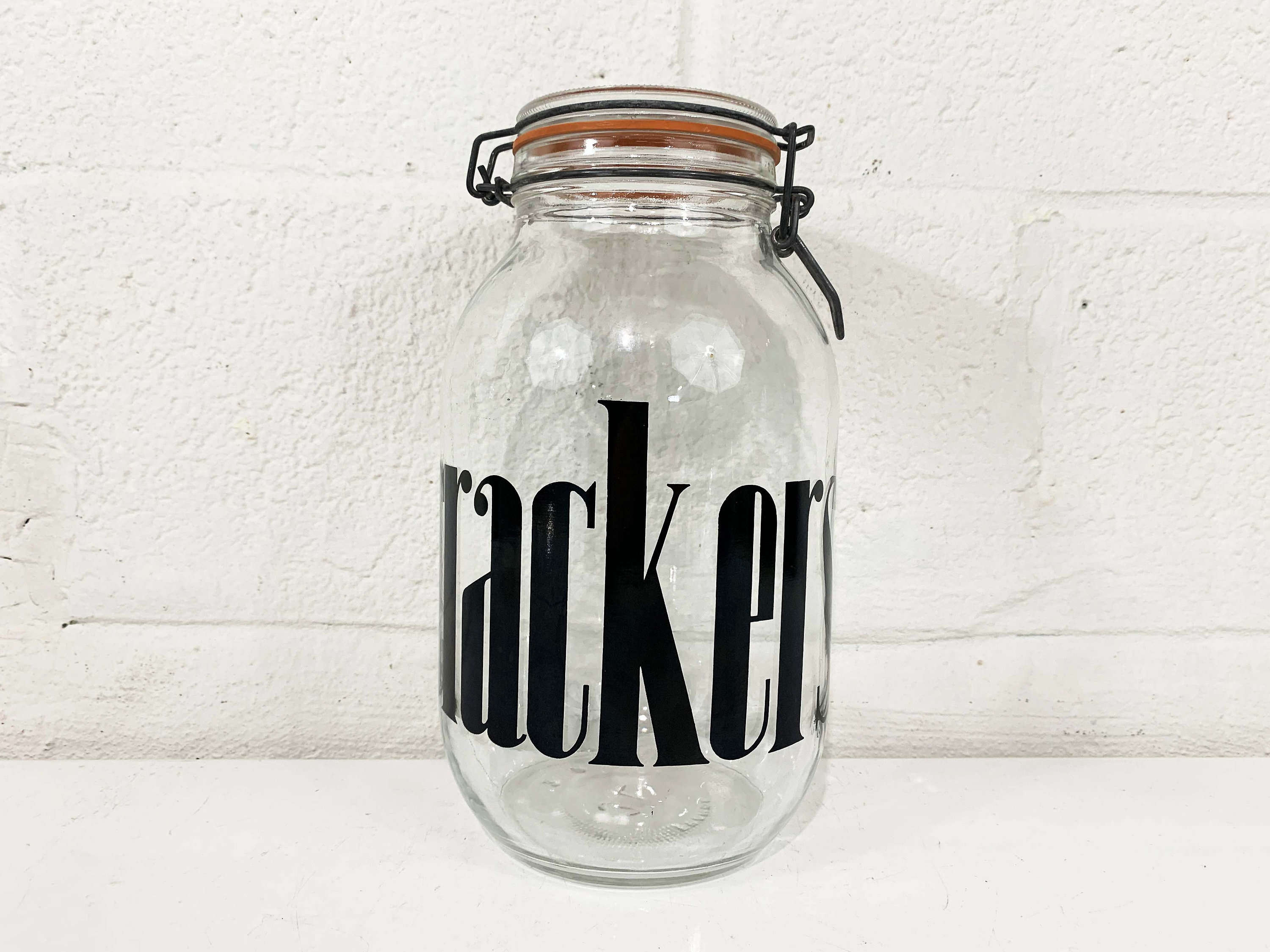 Vintage Glass Cracker Jar Kitchen Canister MCM Typography Storage 3