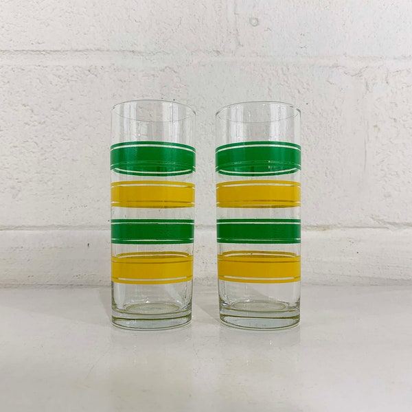 Vintage Mid Century Striped Glasses Green Yellow Tumbler Glass Barware Set of 2 Pair Zombie Barware Glassware Cocktail 1970s