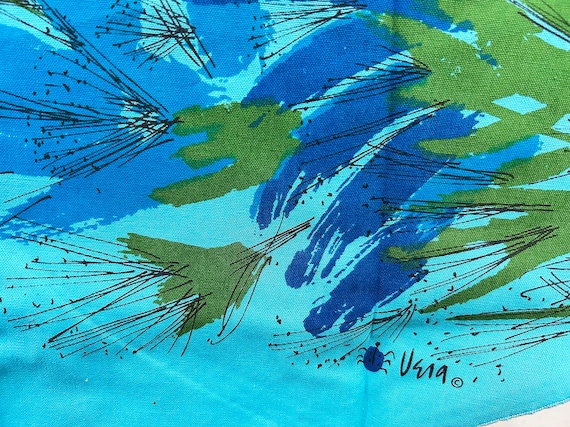 Vintage Round Blue Vera Tablecloth Floral Mid-Century Circle Table Cloth Dining Flowers Green 1960s MCM