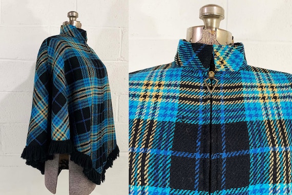 Vintage Mod Tartan Plaid Wool Fringed Cape Poncho Wool Winter Coat Jacket Hipster Dopamine Dressing Dutchmaid 1960s One Size Large