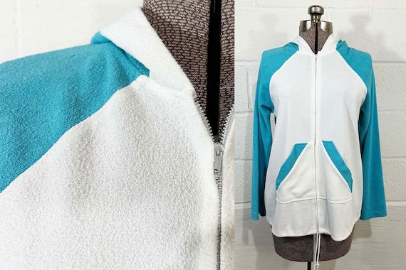 Vintage Terry Cloth Hooded Jacket White Blue Surfer Long Sleeved Zip Front Swim Coverup 1960s Large