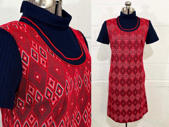 Vintage 1960s Mod Dress Red Navy Blue Short Sleeve Andrea Gayle Après Ski Nordic Alpine Fair Isle Turtleneck Shift 1970s Medium