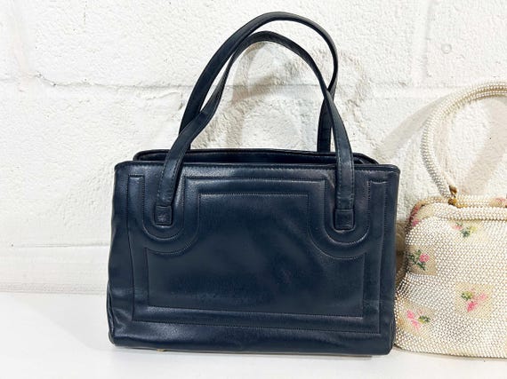 Vintage Navy Blue Purse Evening Structured Bag Handbag Gold Brass Snap Lock 1970s