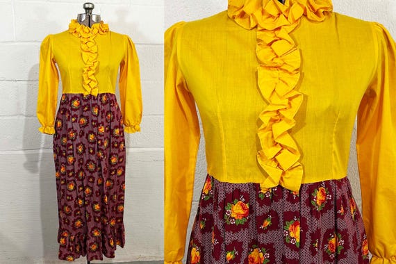 Vintage Ruffle Maxi Dress Mod Yellow Roses Maroon Floral Twiggy Long Sleeve Collar Lolita 1960s XS