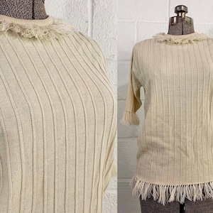 Vintage Sweater Ivory 3/4 Sleeve Knit Cream White Mod 1970s Ribbed Helen Sue Medium Large