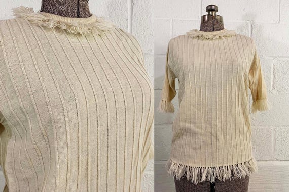 Vintage Sweater Ivory 3/4 Sleeve Knit Cream White Mod Jumper 1970s 70s Ribbed Helen Sue Medium Large