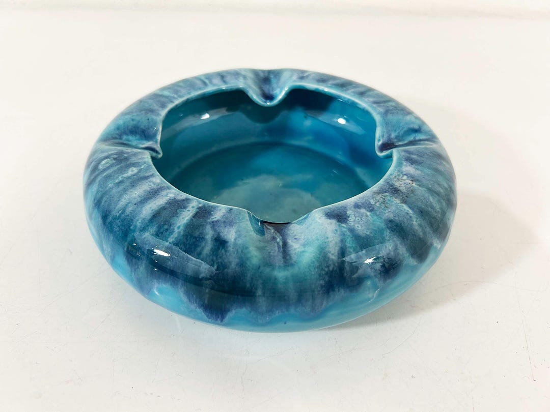 Vintage Round Blue Ashtray Drip Glaze Teal Bowl Decor Bermuda
