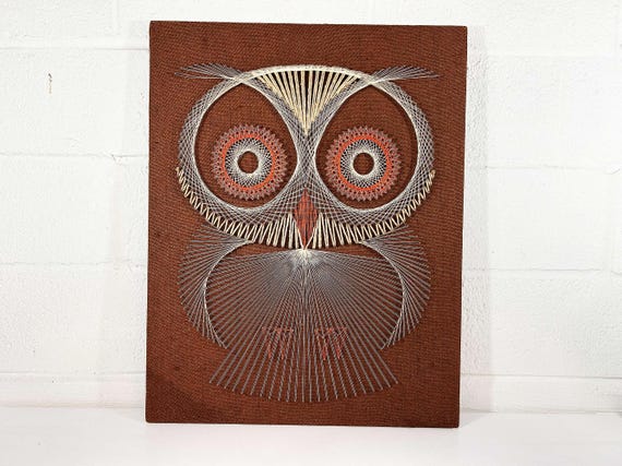 Vintage Owl String Art Ornate Framed 1970s 1960s Kitsch Retro Decor Wall Hanging 70s Kitsch Kitschy Kawaii Psychedelic Fiber Art Frame