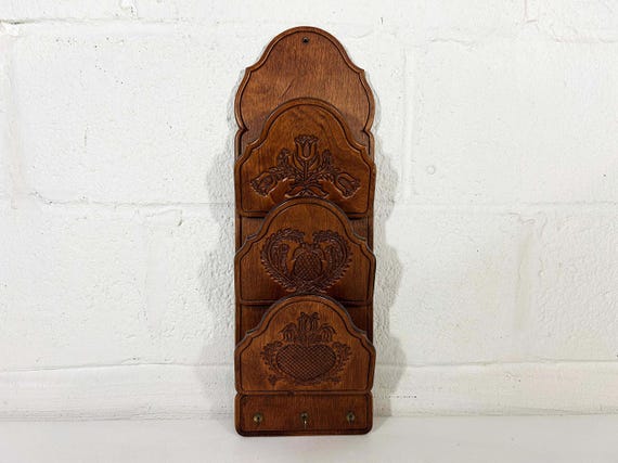 Vintage Wooden Mail Holder Letter Organizer Bills Kitchen Keys Storage Office Decor 1970s