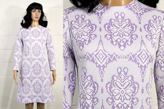Vintage Pastel Purple Dress Long Sleeve Shift Violet Lavender Party Mod A-Line Belted Wedding Guest Dress 1960s 60s Medium Small
