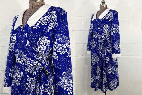 Vintage Purple Dress Midi Long Sleeve Royal Blue Wrap Front Wedding Floral Secretary Dress 1980s 80s Large Medium