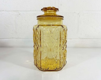 Vintage Glass Kitchen Canister L E Smith Amber Yellow Apothecary Jar Atterbury Scroll Storage Glassware Cookie Boho 1970s