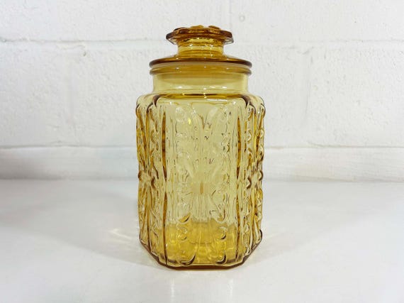 Vintage Glass Kitchen Canister L E Smith Amber Yellow Apothecary Jar Atterbury Scroll Storage Glassware Cookie Boho 1970s