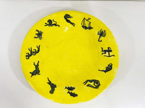 Vintage Zodiac Shallow Bowl Yellow Ceramic Plate Horoscope 1970s Astrology Celestial Mid-Century Home Decor