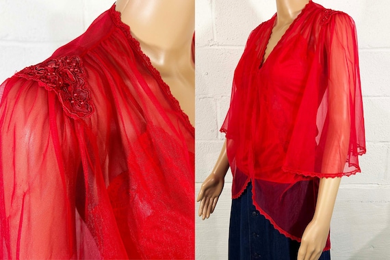 Vintage Bed Jacket Nightgown Red Sheer Short Bell Sleeves Sleepwear 1980s Medium