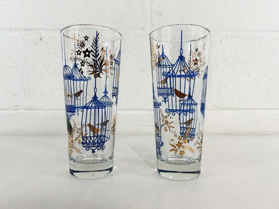 Vintage Highball Glasses Set of 2 Pair Blue Gold Birdcage Floral Bird Drinkware Dopamine Barware Glassware 1960s