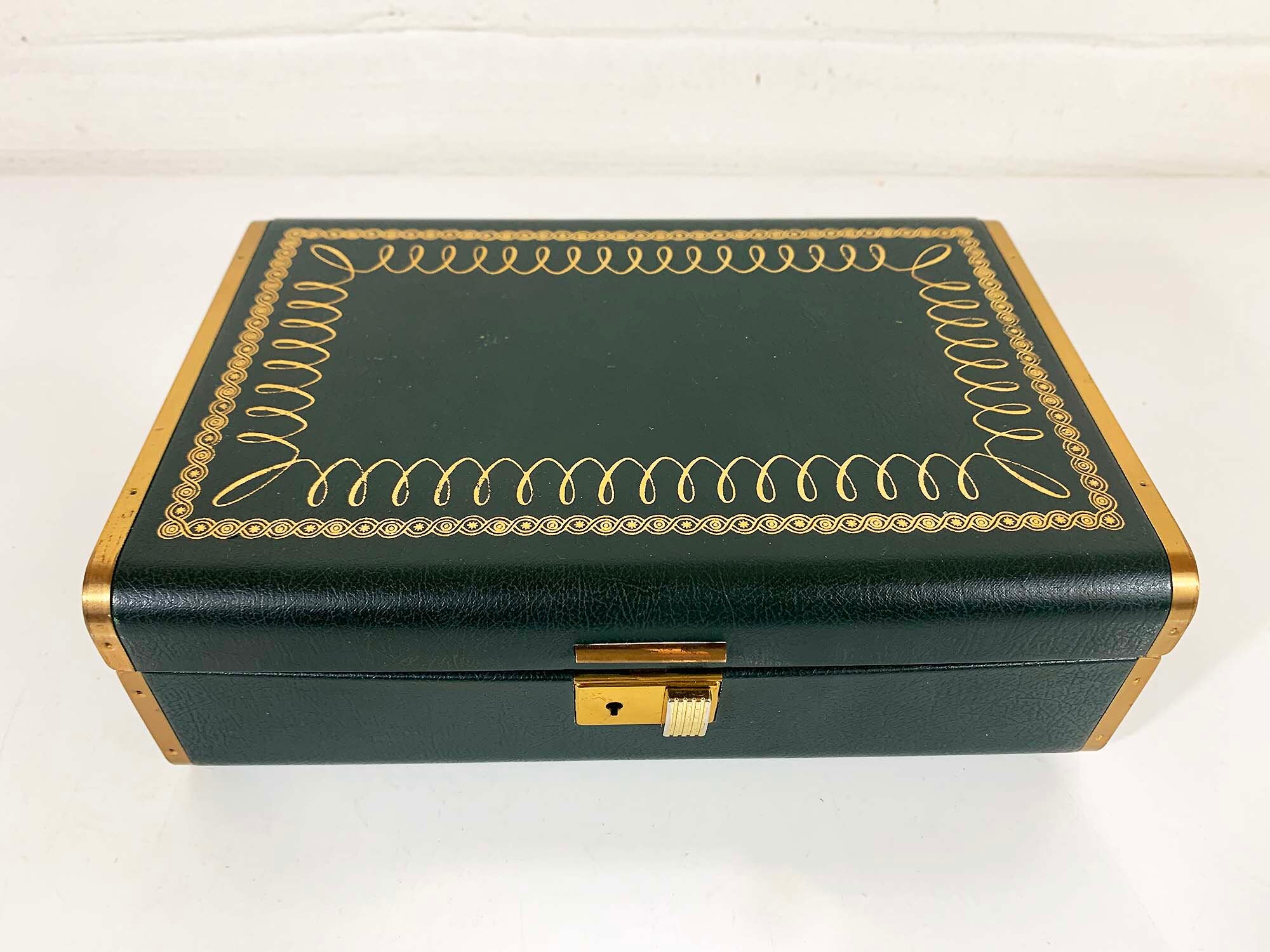 Vintage Green Farrington Jewelry Box Crushed Velvet Forest Gold Floral