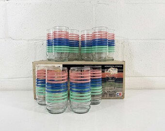 Vintage Pastel Rainbow Striped Glasses Pink White Tumbler Glasses Barware Set of 10 Mid Century Glassware Deadstock NOS 1980s 1970s