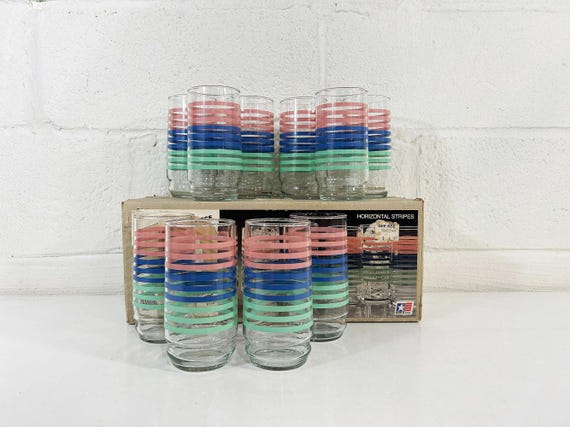 Vintage Pastel Rainbow Striped Glasses Pink White Tumbler Glasses Barware Set of 10  Glassware Deadstock NOS 1980s 1970s