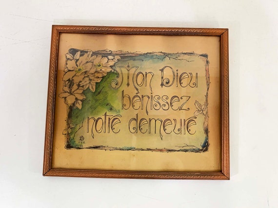 Vintage God Bless Our Home Framed Print France Lithograph Mon Dieu Benissez Notre Demeure French Watercolor Ink 1930s 1934