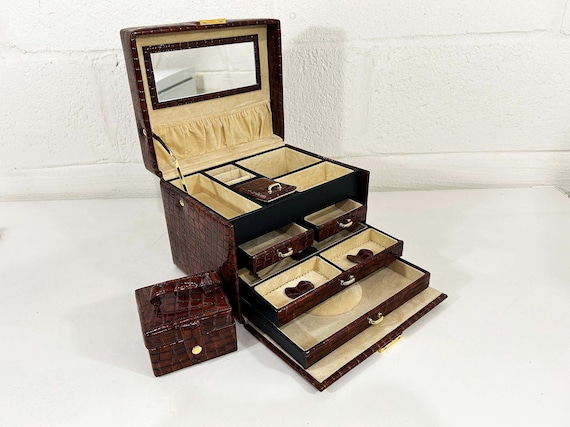 Vintage Jewelry Box Organizer Case Mirror Storage Brown Gold Rings Necklaces Bracelets Brooches Faux Leather