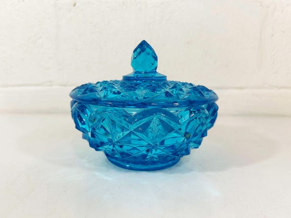 Vintage Glass Covered Candy Dish Blue Diamond Hobnail Tiara Lidded Trinket Vanity Storage 1950s