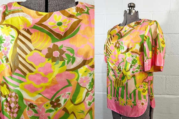 Vintage Alex Colman Floral Top California Button Back Blouse Pink Yellow 1960s Large