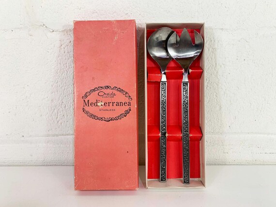 Vintage 1960s Mediterrania Oneida Custom Stainless Salad Serving Set Satin Black Accent Mid-Century Retro Kitchen Deadstock NOS Steel Japan