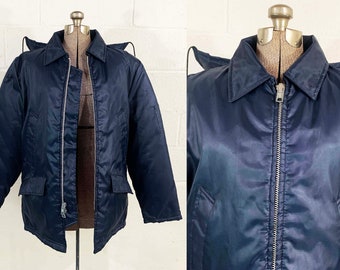 Vintage Navy Blue Jacket Parka Puffy Hipster Coat Military Fashioned By Fidelity Hood Winter Nylon 1970s Medium Large