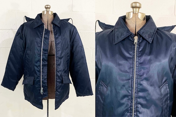 Vintage Navy Blue Jacket Parka Puffy Hipster Coat Military Fashioned By Fidelity Hood Winter Nylon 1970s Medium Large