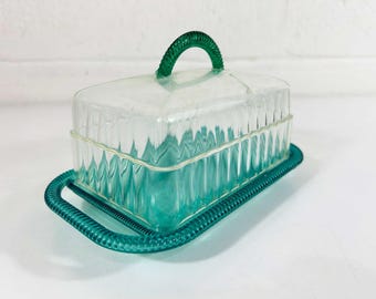 Mantequera vintage de plástico Plasmetl con tapa turquesa y azul agua, bandeja para queso, EE. UU., década de 1950, MCM