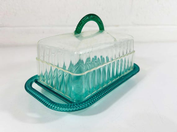 Vintage Butter Dish Plastic Plasmetl Retro Turquoise Aqua Blue White Lid Plastic Cheese Tray Made in USA 1950s 50s MCM