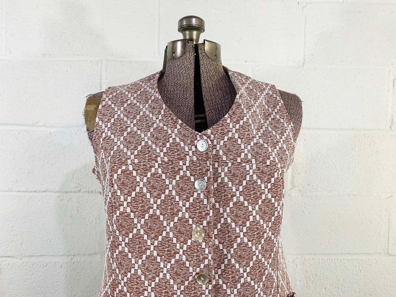 Vintage Vest Brown Button Up Tunic Length Sleeveless Ikat Design Shirt Minx TV Movie Costume 1970s Aesthetic Large Medium zdjęcie 3