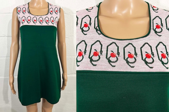 1960s Mod Mini Dress, Green Snake Apple Knit, XXS Petite