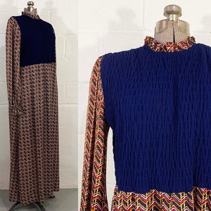 Vintage 70s Maxi Dress: Navy Smocked Bodice, Geometric Print, XL