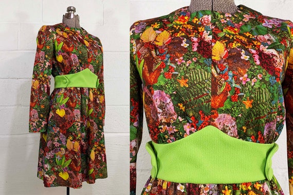 Vintage Meadow Mini Dress Baby Doll Floral Photorealistic A-Line 60s Mod Twiggy Long Sleeves Go-Go Lime Green 1960s Small XS