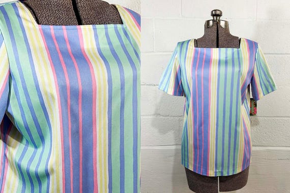 Vintage Vera Neumann Pastel Rainbow Stripe Blouse Vertical Striped Top Stripes Short Sleeve 1980s Large