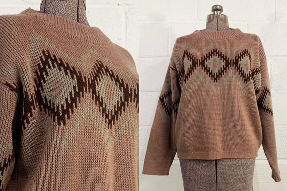 Vintage Fiorucci Sweater Italian Wool Ski Pullover Brown Tan 80s 1980s Long Sleeve Knit Twin Peaks Fair Isle Hygge 1970s 70s Large XL